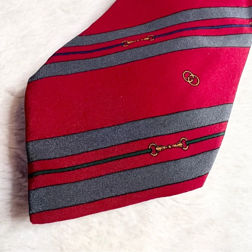 Vintage Gucci Silk Monogram Horsebit Tie Red Gray Vertical Striped Navy Gold